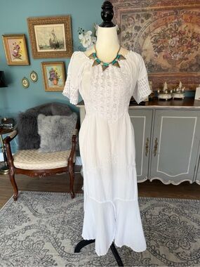 Vintage White Embroidered Boho Maxi Dress
